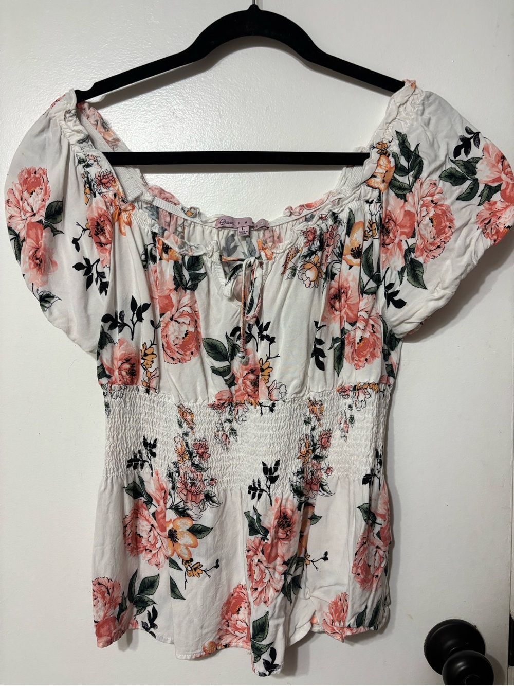 Smocked Off-Shoulder Floral Blouse in White and Pink